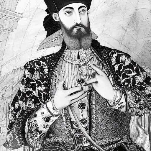 Image similar to a portrait of sultan suleiman the magnificent, focused gaze, art station, highly detailed, concept art, sharp focus, illustration in pen and ink, 4 k wide angle