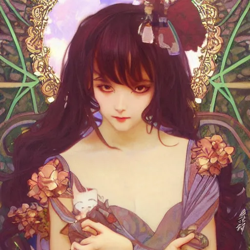 Prompt: detailing character concept portrait painting of cute neko girl, high fantasy, elegant, art station, pixiv, trending, editor’s pickup, by Alphonse Mucha