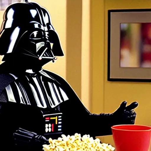 Image similar to darth vader eating popcorn while watching friends