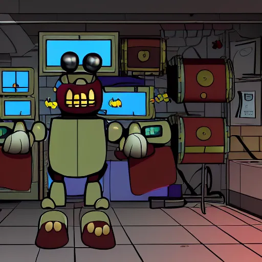 Prompt: a broken animatronic in a part of service room fnaf style digital art