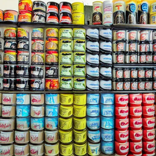 Image similar to a fridge full of coffee cups, coca colas and monsters cans