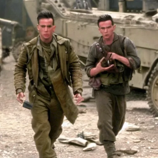 Prompt: movie still of derek zoolander in saving private ryan, using blue steel against germans