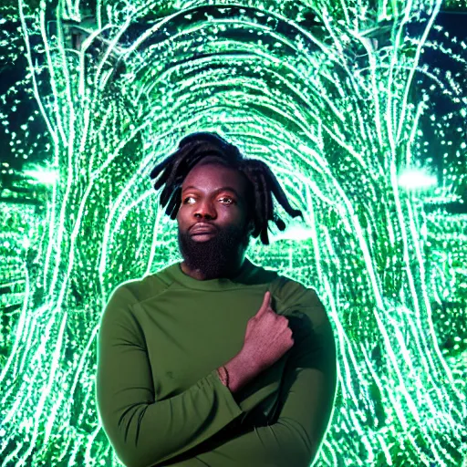 Image similar to Tobe Nwigwe as a angelic figure, in a cybernetic forest of green