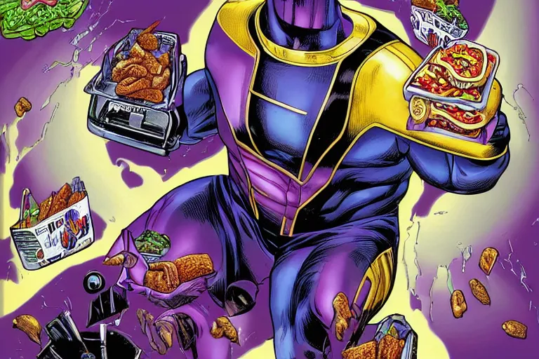 Image similar to thanos working at a fast food chain serving ironman, ultra realistic, hdr, symmetrical, by joe jusko