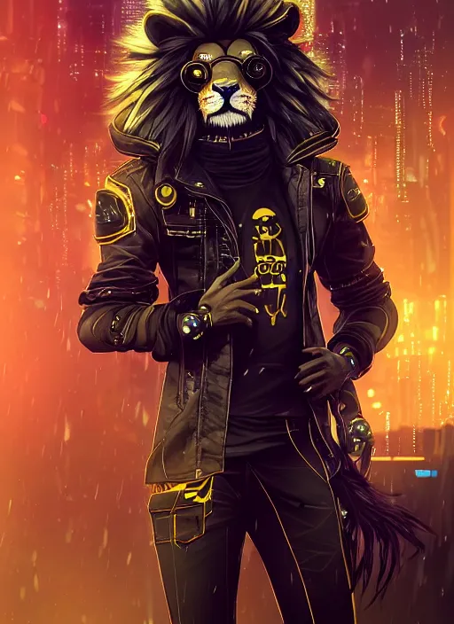 Image similar to award winning beautiful portrait commission of a male furry anthro lion fursona with a tail and a cute beautiful attractive detailed furry face wearing stylish black and gold cyberpunk clothes in a cyberpunk city at night while it rains. Character design by charlie bowater, ross tran, artgerm, and makoto shinkai, detailed, inked, western comic book art