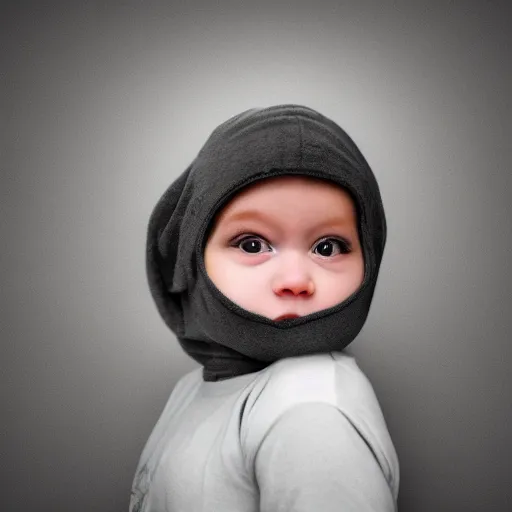 Prompt: baby angel, cherub, wearing ski mask, balaclava, hyper photo realistic 8K HD HDRI, photo by Annie Leibovitz