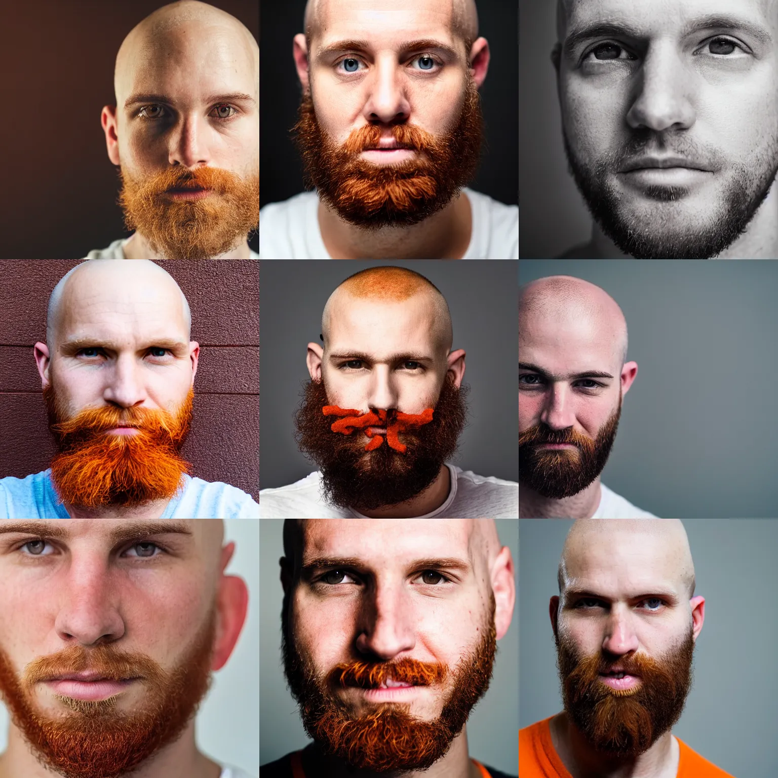 Prompt: close-up portrait of a white man late-twenties with a buzzed head. Orange beard.