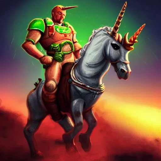 Prompt: doomguy riding a unicorn, game art, trending on artstation