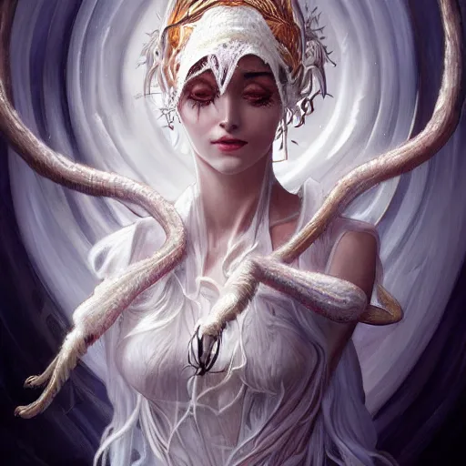 Prompt: a photograpic portrait of a anthropomorphic spider wearing white clothes, fantasy, intricate, elegant, highly detailed, digital painting, artstation, concept art, smooth, sharp focus, illustration, art by artgerm and H R Giger and alphonse mucha