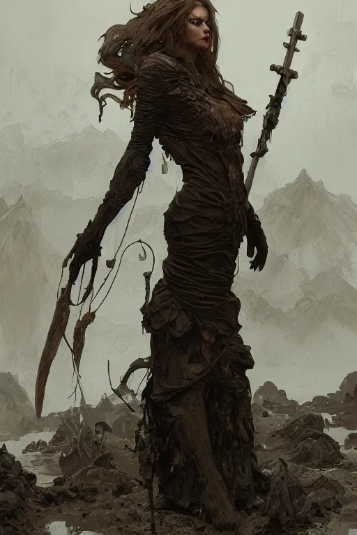 Image similar to a full body portrait of a beautiful post apocalyptic offworld nordic necromancer reposed by the mud pits, intricate, elegant, highly detailed, digital painting, artstation, concept art, smooth, sharp focus, illustration, art by krenz cushart and artem demura and alphonse mucha