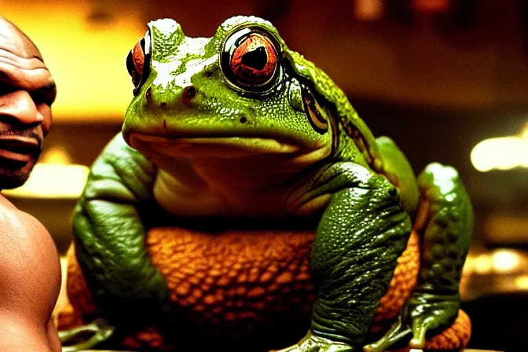 Image similar to a giant frog sitting with mike tyson in a bar, mike tyson with a toad, movie directed by martin scorsese and christopher nolan, masterpiece, 8 h