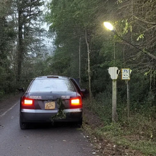 Image similar to The headlights of the car directly illuminated the entrance sign to the town. The vehicle, stopped at the side of the road, was barely visible under the blanket of darkness that the trees unfolded around it.