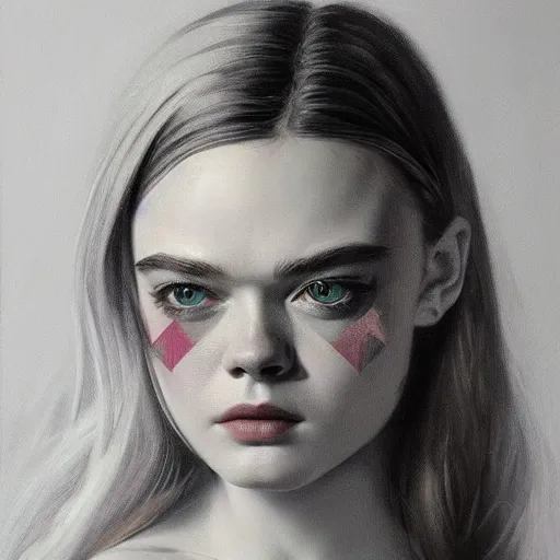 Image similar to ultra realistic portrait painting of elle fanning, dark vibes, art by frank frazetta, 4 k, matte painting, organic painting, geometric shapes, hard edges, ultra realistic, highly detailed, epic lighting