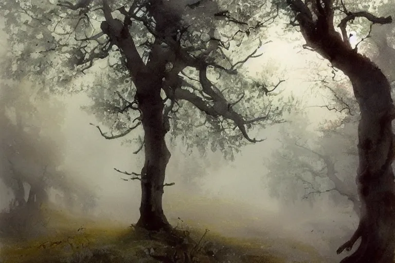 Prompt: watercolor painting of oak tree in foggy spring, morning, mythological art by hans gude, romance art by hans dahl, by jesper ejsing, art by anders zorn, wonderful masterpiece by greg rutkowski, cinematic light, american romanticism by greg manchess, creation by tyler edlin