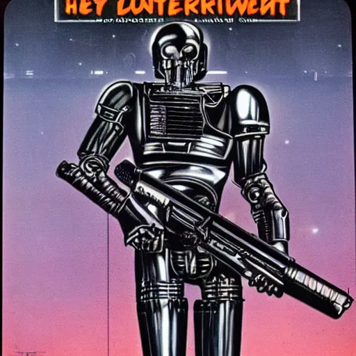 Image similar to 1 9 8 0's heavy metal album art, a shiny reflective detailed chrome cool cybernetic futurepunk 1 9 7 0's london punk rock android firing a giant rifle - style blaster rifle designed by ridley scott inside an alien spaceship