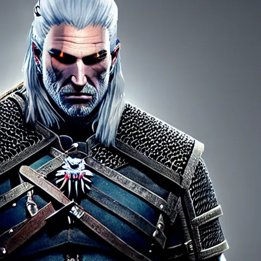 Image similar to geralt the witcher 3 with demon horns, photorealistic, realistic