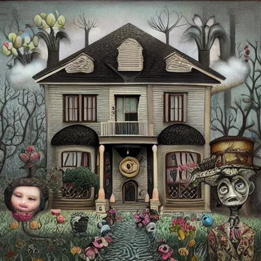 Prompt: a house with many rooms, 8k , lowbrow surrealistic, in the style of Mark Ryden,