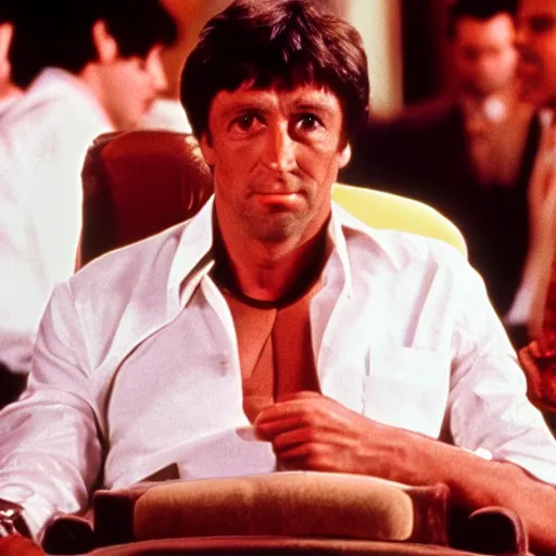 Image similar to film still of Bill Gates as Tony Montana from the movie Scarface (1983), promotional photo, 8k