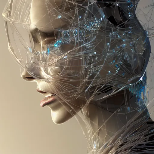 Prompt: profile portrait of an extremely beautiful, gorgeous, elegant and sophisticated glass femel mechanoid made of transparent glass, ultrafine detailed illustration by james jean, giuseppe arcimboldo, intricate, final fantasy, unreal engine 5 highly rendered, global illumination, colored light, fine fiberglass, luminous, volumetric light, futuristic, 4 k, artstation.