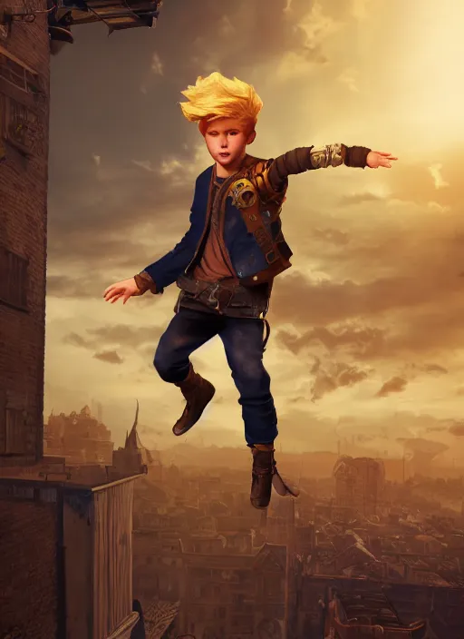 Image similar to An epic fantasy comic book style portrait painting of a young blonde boy thief flying out of a steampunk city, unreal 5, DAZ, hyperrealistic, octane render, cosplay, RPG portrait, dynamic lighting