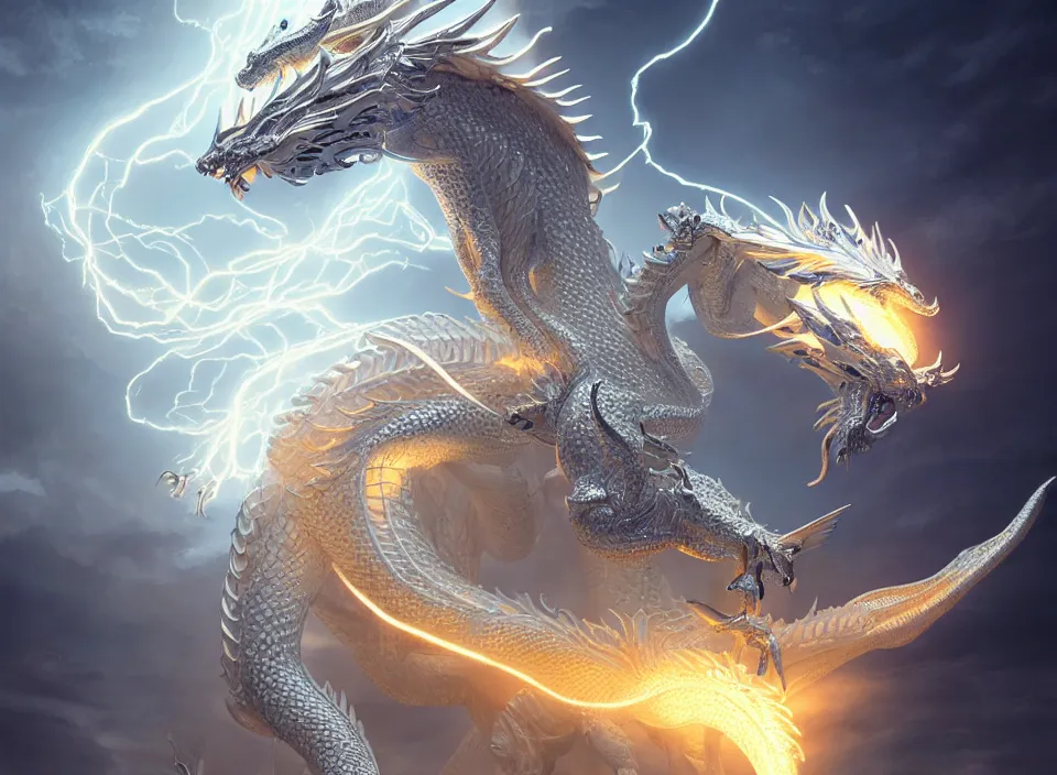 Image similar to a white - gold sacred dragon surrounded by lightning and holy light, aura of light, artificial intelligence, scifi, futuristic, highly detailed, trending on artstation, lee ji - eun, advanced technology, art by vitaly bulgarov and nivanh chanthara and lance wilkinson