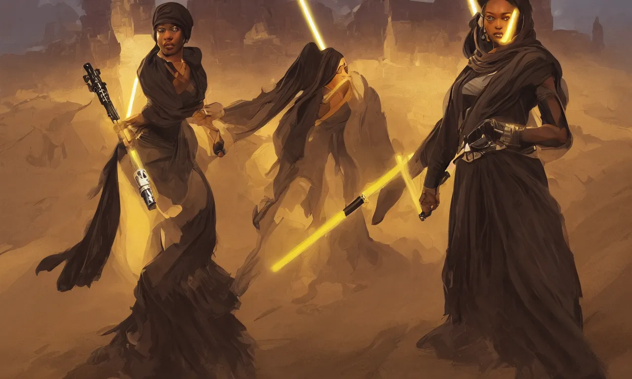 Image similar to A black female jedi with a yellow lightsaber in her hand, in the background is a desert village, intricate, elegant, highly detailed, digital painting, artstation, concept art, smooth, sharp focus, illustration, art by artgerm and greg rutkowski and alphonse mucha