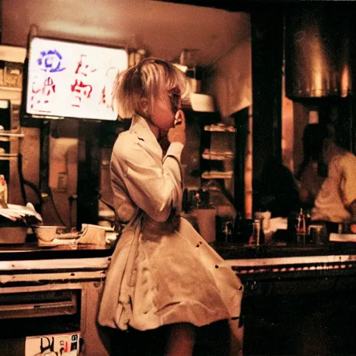 Prompt: a cyborg girl leaning against the counter in a night club staring at the camera, a photograph by Aki Kaurismäki and Christopher Doyle.