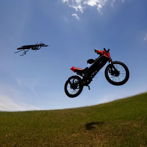 Image similar to A flying bike, the bike is flying in the air, the photo was taken from the ground looking up at the sky, realistic, ultra high detail, 8k.