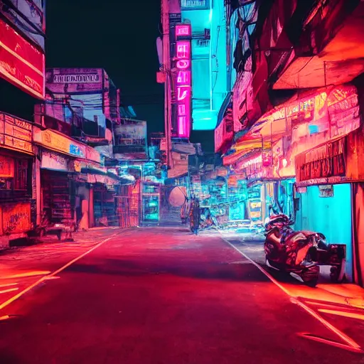 Image similar to neon streets of bangalore, 4 k, award winning photo, cyberpunk style, intricate environment, hyper realistic