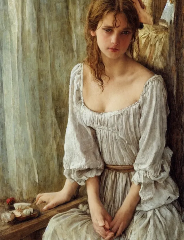 Image similar to tempting peasant girl with deep décolleté looking in the camera, high angle view, portrait , Cinematic focus, Polaroid photo, vintage, neutral colors, soft lights, foggy, by Steve Hanks, by Serov Valentin, by lisa yuskavage, by Andrei Tarkovsky 8k render, detailed, oil on canvas