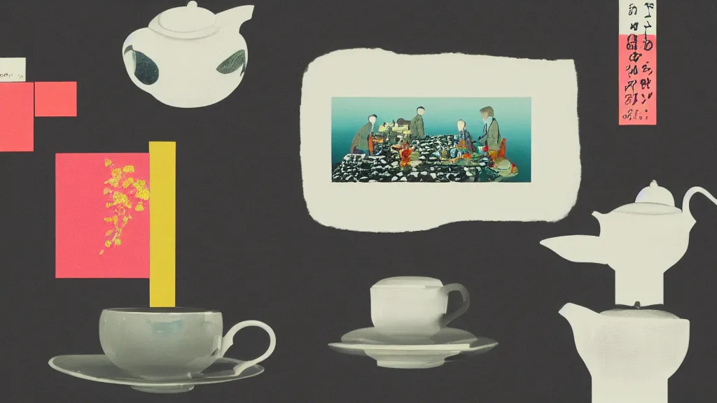 Image similar to a small tea setting, japan, a collage painting, in the style of wes anderson, lola dupre, david hockney, isolated on negative white space background dark monochrome neon spraypaint accents volumetric octane render