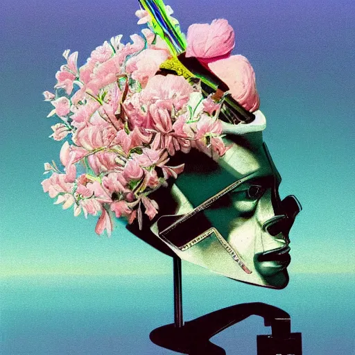 Image similar to Syd Mead, award winning masterpiece with incredible details, Syd Mead, a surreal vaporwave vaporwave vaporwave vaporwave vaporwave painting by Syd Mead of an old pink mannequin head with flowers growing out, sinking underwater, highly detailed Syd Mead