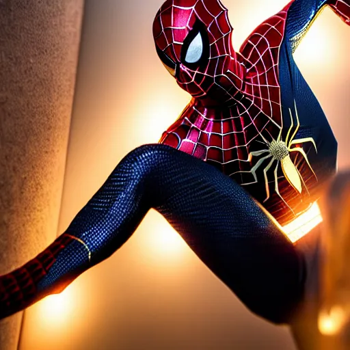 Image similar to gold spider - man suit with black web lining, cinematic, volumetric lighting, realistic, hyperdetailed, photorealistic, photograph