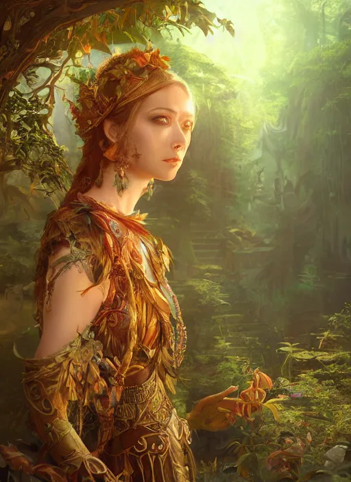 Image similar to Beautiful art portrait of a female fantasy priestess in a bright temple surrounded by lush forest, atmospheric lighting, intricate detail, cgsociety, hyperrealistic, octane render, RPG portrait, ambient light, dynamic lighting