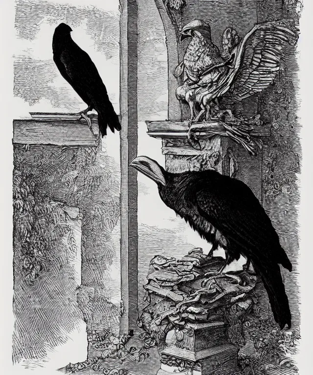 Image similar to raven sitting on a bust of pallas above a door, art by james o barr and albrecht durer and gustave dore, woodblock print, engraved, black and white, vector, vector art