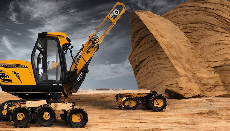 Prompt: professional photograph of a next-generation backhoe with very futuristic windows designed by Buckminster Fuller in a picturesque desert on Jupiter. Astronauts are standing near it, racking focus, depth of field, extreme panoramic, Dynamic Range, HDR, chromatic aberration, Orton effect intricate, elegant, highly detailed, artstation