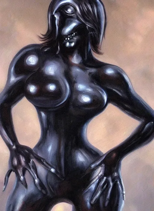 Image similar to oil painting of female monster full figure made out of black latex, full body armor, horror