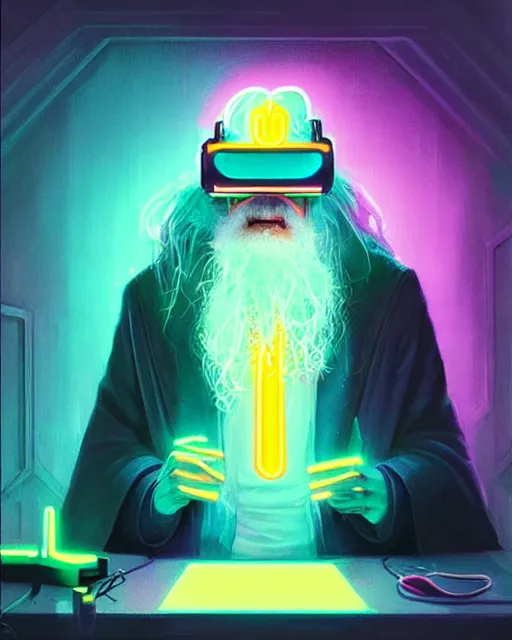 Image similar to portrait of cyber dumbledore wearing a vr set with lots of neon sitting in his room by greg rutkowski, perfect faces, fine details