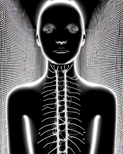 Prompt: black and white spiritual connected young female cyborg - plant goddess high quality photo, microchip, artificial intelligence, bio - mechanical bio - luminescence, black wired cables, neurons, nerve cells, cinematic, rim light, photo - realistic, elegant, high detail, 8 k, masterpiece, high fashion