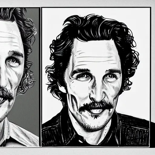 Image similar to a portrait drawing of Mathew McConaughey drawn by Robert Crumb