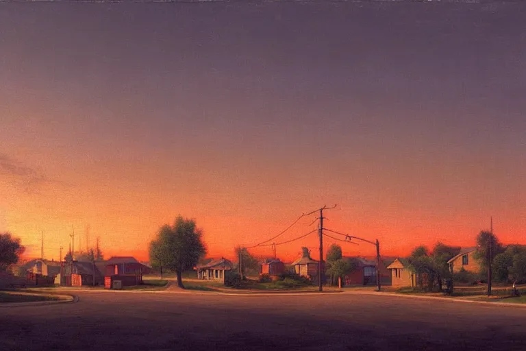 Image similar to a detailed cinematic render of a utopian 1 9 5 0 s american neighborhood at sunset by steven outram, photoreal