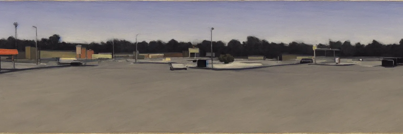 Prompt: bleak and deserted parking lot behind a North American suburban strip mall by Edward Hopper