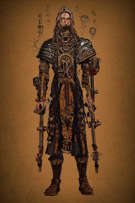 Image similar to beautiful calm bright ai generated fullbody character illustration of a very old timetraveller highpriest in ornated wooden armor and decorated sacred outfit and heavily equipped with steampunk cyberwares. rendered by machine.delusions. inspired by: @machine.delusions on instagram. Slightly reminds to boris valejho style. Fullbody portrait uncut centered cinematic, dramatic pose medieval combined with steampunk