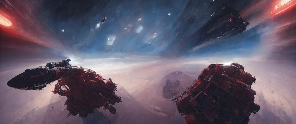 Image similar to concept art, exploration spaceship drifting in space, the expanse tv series, industrial design, industrial apparent, immensity, wide angle, cinematic lighting, 4k, widescreen ratio, by sparth, beksinski