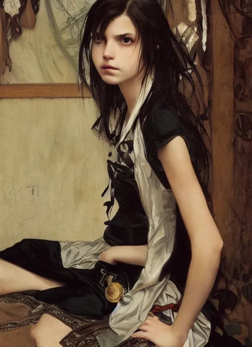 Image similar to a 1 6 year old girl eveline from resident evil 7 with straight long black hair wearing black dress that sitting on bathroom floor, photo for vogue, model エリサヘス s from acquamodels, art by artgem, greg rutkowski and alphonse mucha