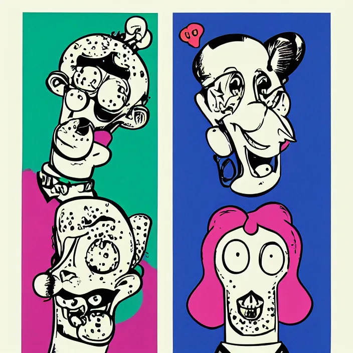 Image similar to risograph of two retro cartoon character faces by gary baseman and gavin mccarthy