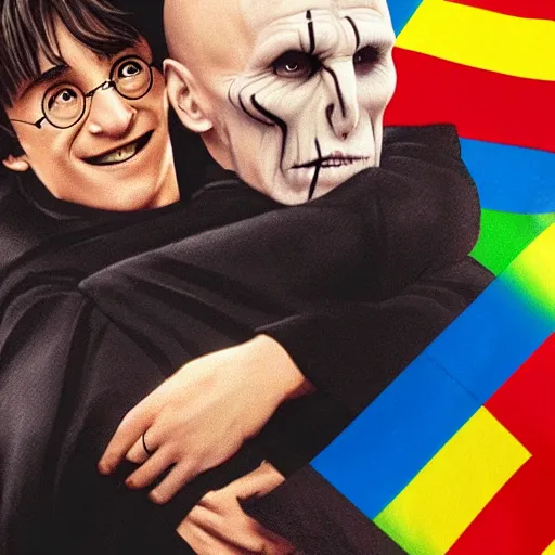 Prompt: harry potter hugging voldemort, pride flag in background, full picture, art by normal rockwell