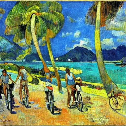 Image similar to painting of a bicycle in french polynesia by gauguin