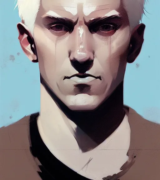 Image similar to portrait of a man white hair, white eyes, face tatooes by atey ghailan, by greg rutkowski, by greg tocchini, by james gilleard, by joe fenton, by kaethe butcher, dynamic lighting, gradient light blue, brown, blonde cream and white color scheme, grunge aesthetic