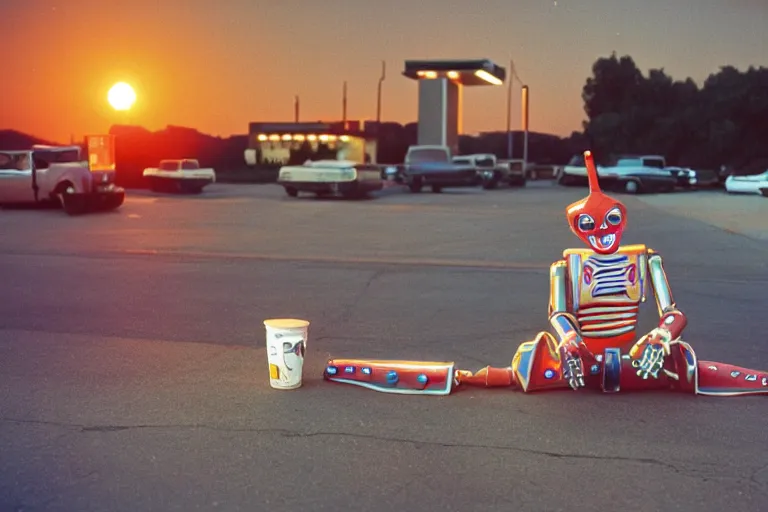 Image similar to robot clown relaxing at a california drive in, in 1 9 8 2, cutecore clowncore, bathed in the the glow of the sunset, low - light photograph, in style of tyler mitchell